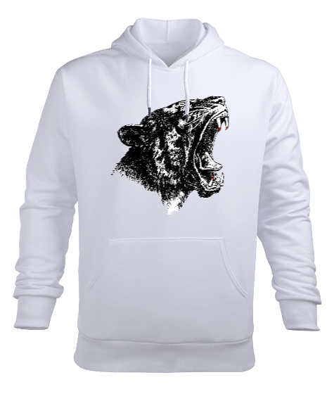 Dişleri Kanlı Vahşi Yırtıcı Kükreyen Güçlü Kaplan Beyaz Erkek Kapüşonlu Hoodie Sweatshirt