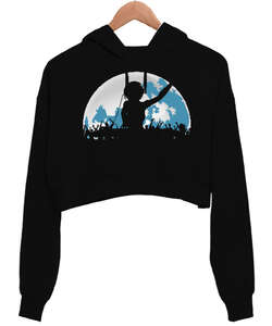 Dj Party Siyah Kadın Crop Hoodie Kapüşonlu Sweatshirt