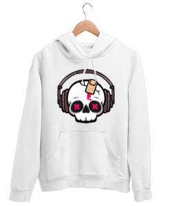 DJ SKULL Beyaz Unisex Kapşonlu Sweatshirt