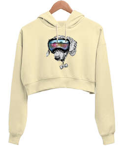 Dog Eyeglass Krem Kadın Crop Hoodie Kapüşonlu Sweatshirt