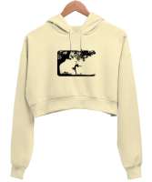 doğa estetik Krem Kadın Crop Hoodie Kapüşonlu Sweatshirt - Thumbnail