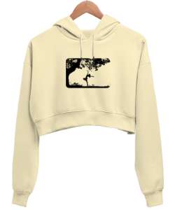 doğa estetik Krem Kadın Crop Hoodie Kapüşonlu Sweatshirt