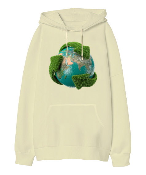 Doğa - Nature - Geri Dönüşüm Krem Oversize Unisex Kapüşonlu Sweatshirt