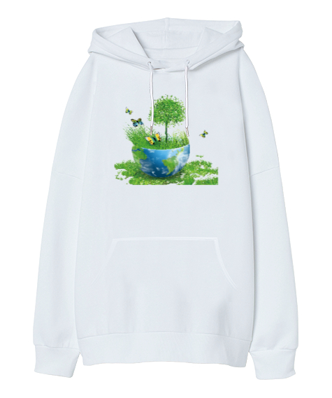 Doğa - Nature V1 Beyaz Oversize Unisex Kapüşonlu Sweatshirt