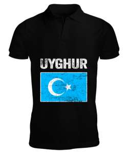 Doğu Türkistan,Uyghur,East Turkestan. Siyah Erkek Kısa Kol Polo Yaka