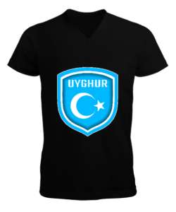 Doğu Türkistan,Uyghur,East Turkestan. Siyah Erkek Kısa Kol V Yaka Tişört