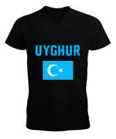 Doğu Türkistan,Uyghur,East Turkestan. Siyah Erkek Kısa Kol V Yaka Tişört - Thumbnail