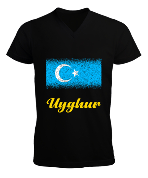 Tisho - Doğu Türkistan,Uyghur,East Turkestan. Siyah Erkek Kısa Kol V Yaka Tişört