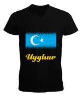 Doğu Türkistan,Uyghur,East Turkestan. Siyah Erkek Kısa Kol V Yaka Tişört - Thumbnail