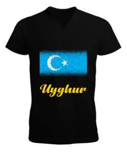 Doğu Türkistan,Uyghur,East Turkestan. Siyah Erkek Kısa Kol V Yaka Tişört