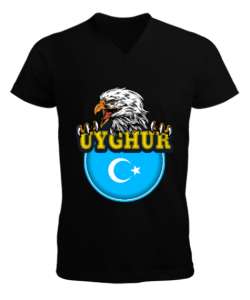 Doğu Türkistan,Uyghur,East Turkestan. Siyah Erkek Kısa Kol V Yaka Tişört