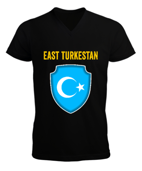 Tisho - Doğu Türkistan,Uyghur,East Turkestan. Siyah Erkek Kısa Kol V Yaka Tişört