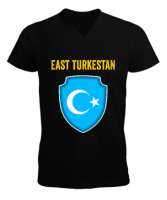 Doğu Türkistan,Uyghur,East Turkestan. Siyah Erkek Kısa Kol V Yaka Tişört - Thumbnail