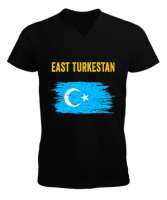 Doğu Türkistan,Uyghur,East Turkestan. Siyah Erkek Kısa Kol V Yaka Tişört - Thumbnail