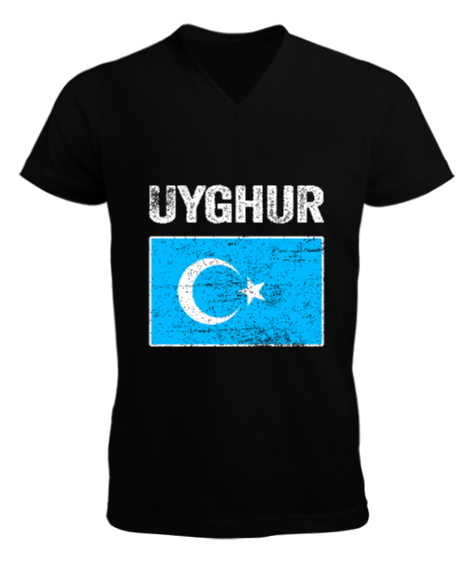 Tisho - Doğu Türkistan,Uyghur,East Turkestan. Siyah Erkek Kısa Kol V Yaka Tişört