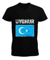 Doğu Türkistan,Uyghur,East Turkestan. Siyah Erkek Kısa Kol V Yaka Tişört - Thumbnail