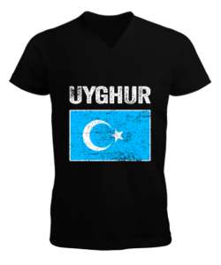 Doğu Türkistan,Uyghur,East Turkestan. Siyah Erkek Kısa Kol V Yaka Tişört