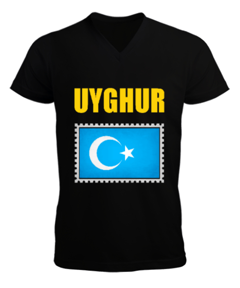 Tisho - Doğu Türkistan,Uyghur,East Turkestan. Siyah Erkek Kısa Kol V Yaka Tişört