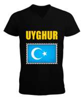 Doğu Türkistan,Uyghur,East Turkestan. Siyah Erkek Kısa Kol V Yaka Tişört - Thumbnail