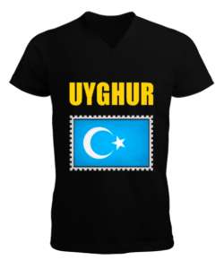 Doğu Türkistan,Uyghur,East Turkestan. Siyah Erkek Kısa Kol V Yaka Tişört