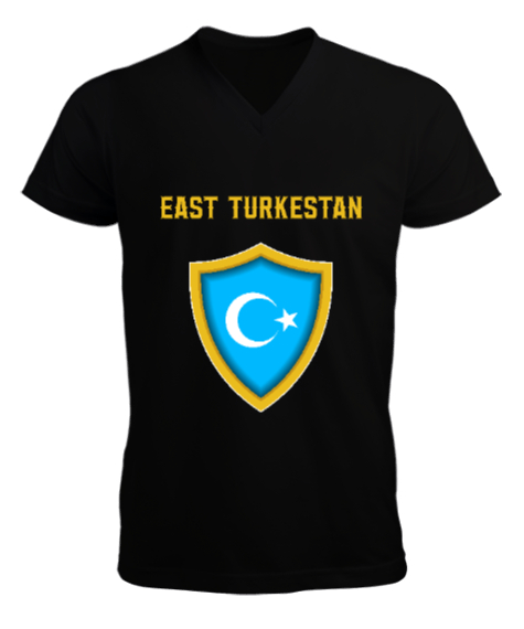 Tisho - Doğu Türkistan,Uyghur,East Turkestan. Siyah Erkek Kısa Kol V Yaka Tişört