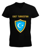 Doğu Türkistan,Uyghur,East Turkestan. Siyah Erkek Kısa Kol V Yaka Tişört - Thumbnail