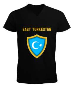 Doğu Türkistan,Uyghur,East Turkestan. Siyah Erkek Kısa Kol V Yaka Tişört