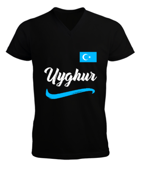 Tisho - Doğu Türkistan,Uyghur,East Turkestan. Siyah Erkek Kısa Kol V Yaka Tişört