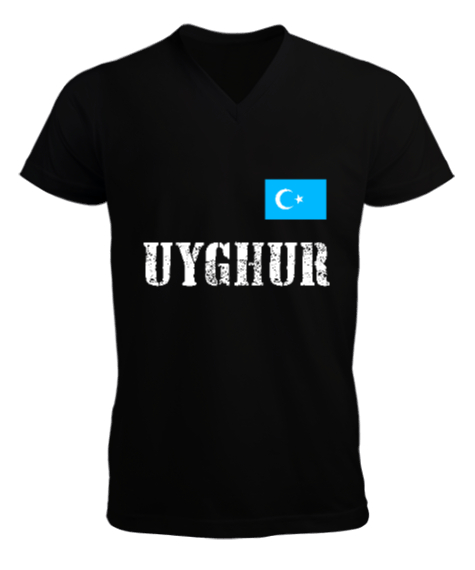 Tisho - Doğu Türkistan,Uyghur,East Turkestan. Siyah Erkek Kısa Kol V Yaka Tişört