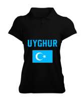 Doğu Türkistan,Uyghur,East Turkestan. Siyah Kadın Polo Yaka Tişört - Thumbnail