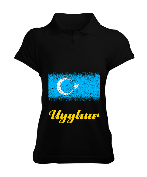 Tisho - Doğu Türkistan,Uyghur,East Turkestan. Siyah Kadın Polo Yaka Tişört