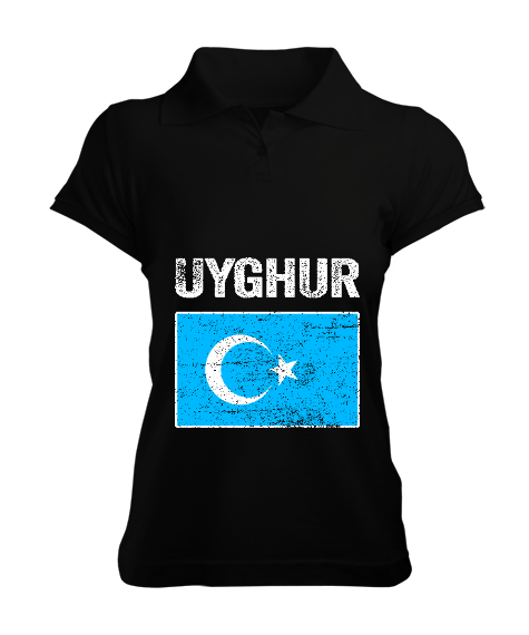 Tisho - Doğu Türkistan,Uyghur,East Turkestan. Siyah Kadın Polo Yaka Tişört