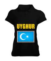 Doğu Türkistan,Uyghur,East Turkestan. Siyah Kadın Polo Yaka Tişört - Thumbnail