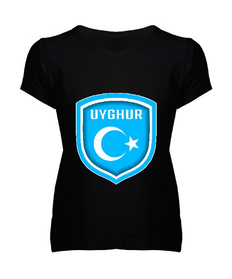 Tisho - Doğu Türkistan,Uyghur,East Turkestan. Siyah Kadın V Yaka Tişört