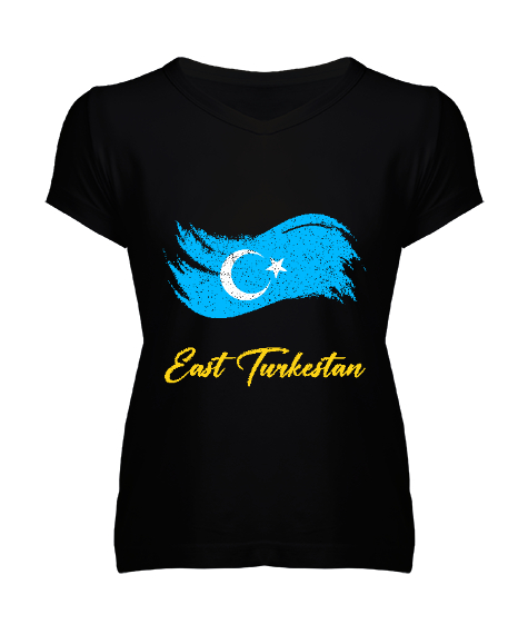 Tisho - Doğu Türkistan,Uyghur,East Turkestan. Siyah Kadın V Yaka Tişört