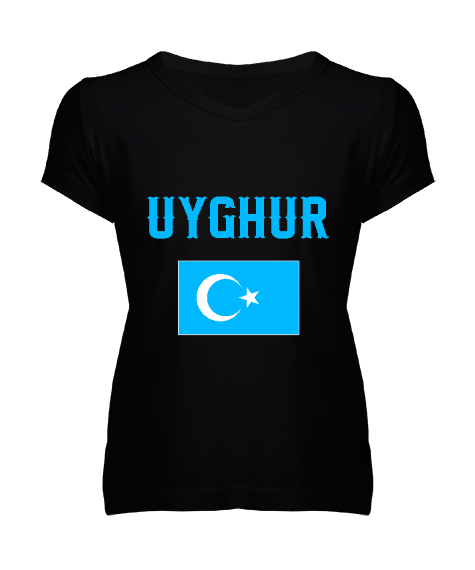 Tisho - Doğu Türkistan,Uyghur,East Turkestan. Siyah Kadın V Yaka Tişört