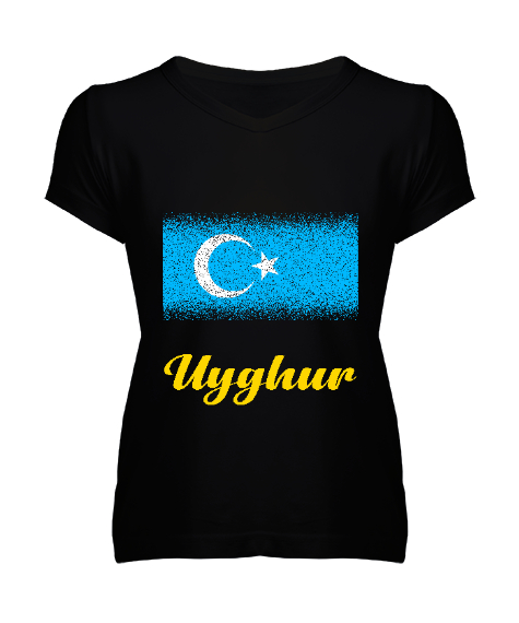 Tisho - Doğu Türkistan,Uyghur,East Turkestan. Siyah Kadın V Yaka Tişört