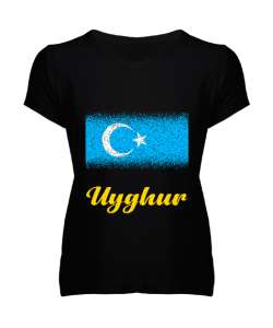 Doğu Türkistan,Uyghur,East Turkestan. Siyah Kadın V Yaka Tişört