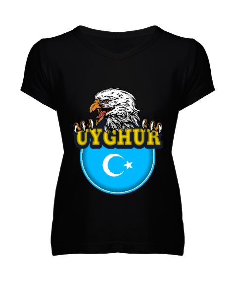 Tisho - Doğu Türkistan,Uyghur,East Turkestan. Siyah Kadın V Yaka Tişört