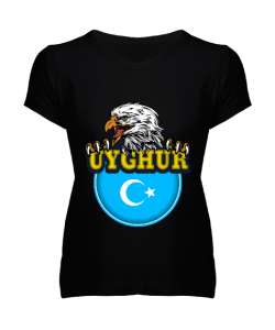 Doğu Türkistan,Uyghur,East Turkestan. Siyah Kadın V Yaka Tişört