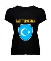 Doğu Türkistan,Uyghur,East Turkestan. Siyah Kadın V Yaka Tişört - Thumbnail