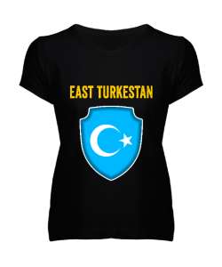 Doğu Türkistan,Uyghur,East Turkestan. Siyah Kadın V Yaka Tişört