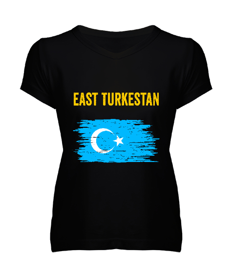 Tisho - Doğu Türkistan,Uyghur,East Turkestan. Siyah Kadın V Yaka Tişört