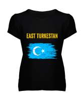 Doğu Türkistan,Uyghur,East Turkestan. Siyah Kadın V Yaka Tişört - Thumbnail