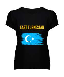 Doğu Türkistan,Uyghur,East Turkestan. Siyah Kadın V Yaka Tişört