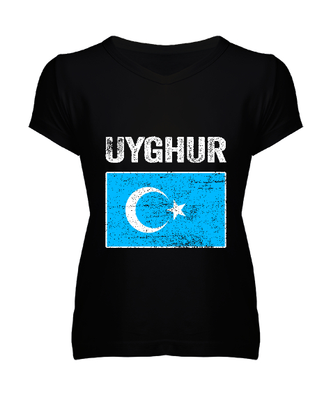 Tisho - Doğu Türkistan,Uyghur,East Turkestan. Siyah Kadın V Yaka Tişört