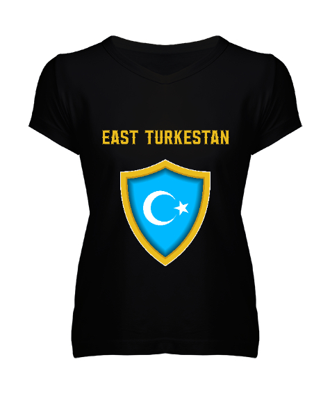 Tisho - Doğu Türkistan,Uyghur,East Turkestan. Siyah Kadın V Yaka Tişört