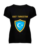 Doğu Türkistan,Uyghur,East Turkestan. Siyah Kadın V Yaka Tişört - Thumbnail