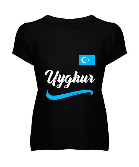 Tisho - Doğu Türkistan,Uyghur,East Turkestan. Siyah Kadın V Yaka Tişört