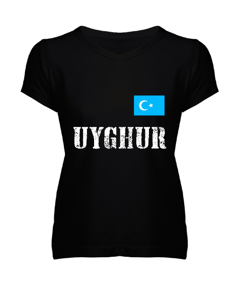 Tisho - Doğu Türkistan,Uyghur,East Turkestan. Siyah Kadın V Yaka Tişört